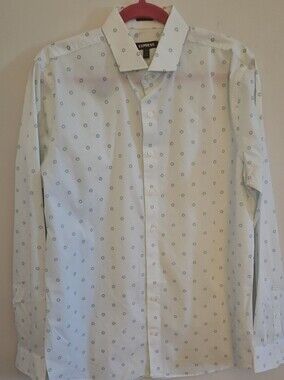 Express Men's White Dress Shirt with Small Navy Dot Print